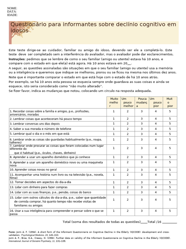 Questionário sobre Declínio Cognitivo em Idosos | PDF