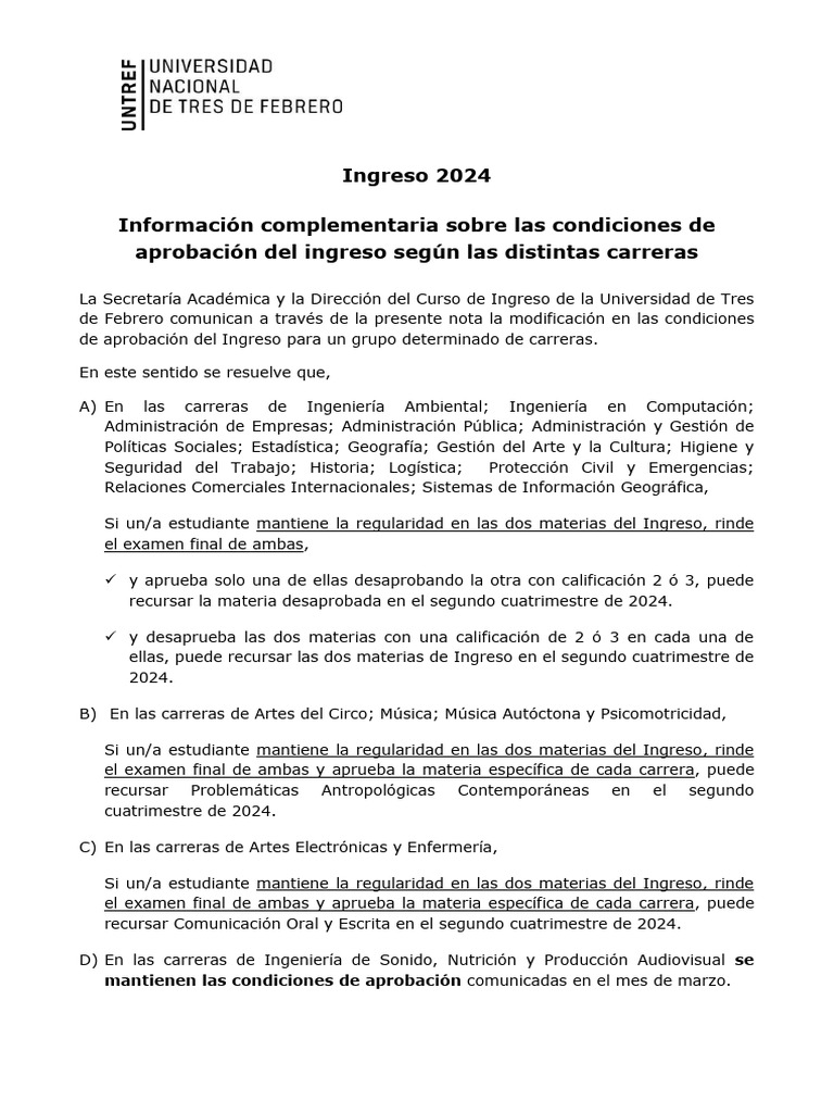 Condiciones de Ingreso 2024 UNTREF | PDF