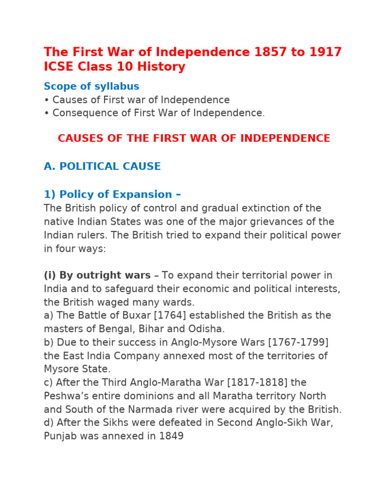 The First War Of Independence 1857 To 1917 Icse Class 10 History Pdf