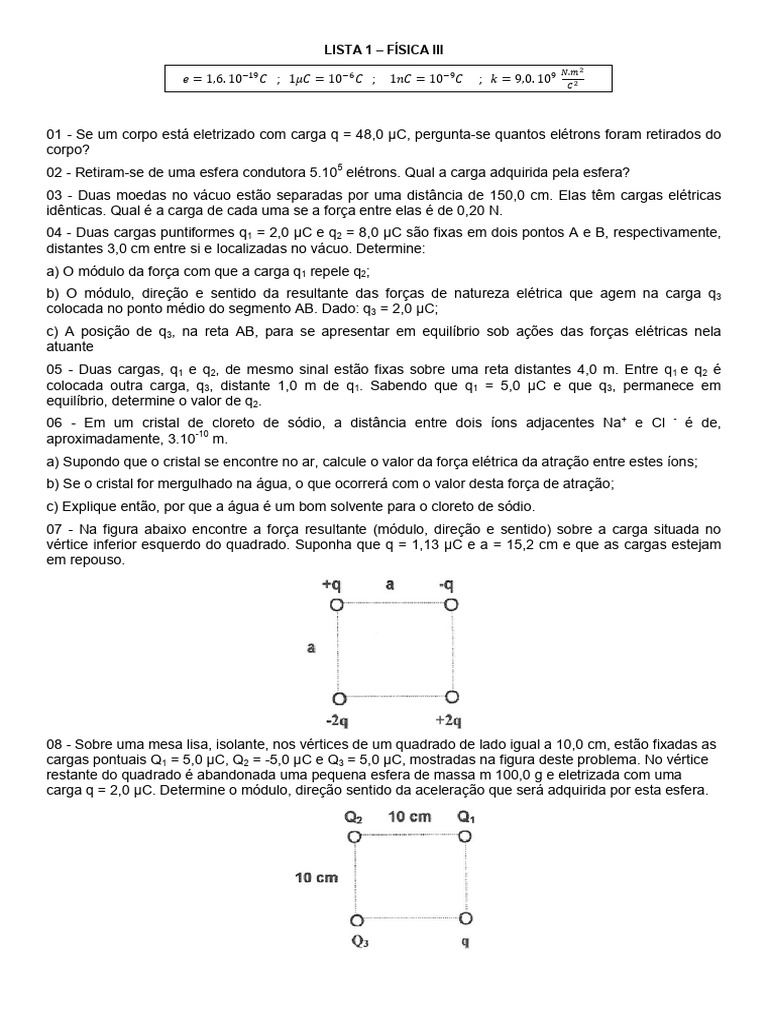 Exercícios de Física III: Cargas Elétricas | PDF | Carga elétrica | Massa