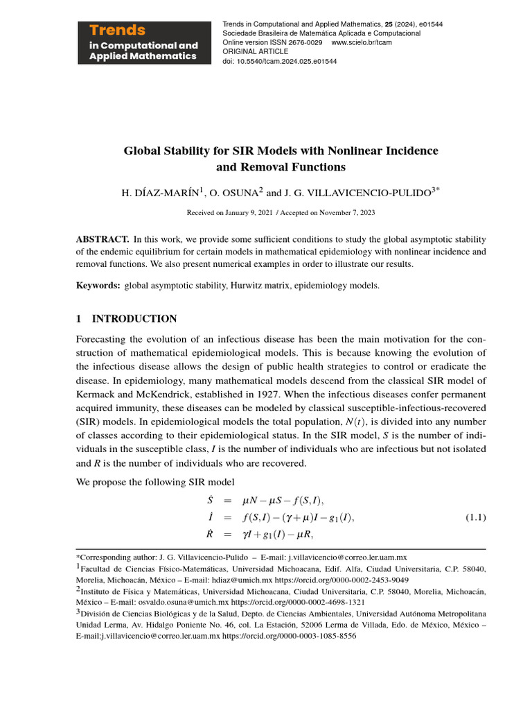 Global Stability For SIR Models With Nonlinear Incidence and Removal ...