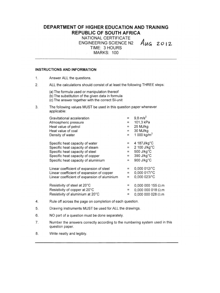 Eng. Science N2 Aug 2012 1 | PDF