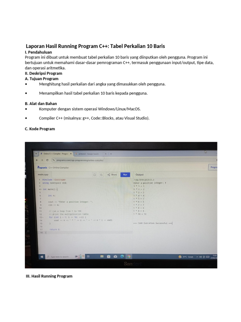 Tabel Perkalian C++: Hasil dan Analisis | PDF