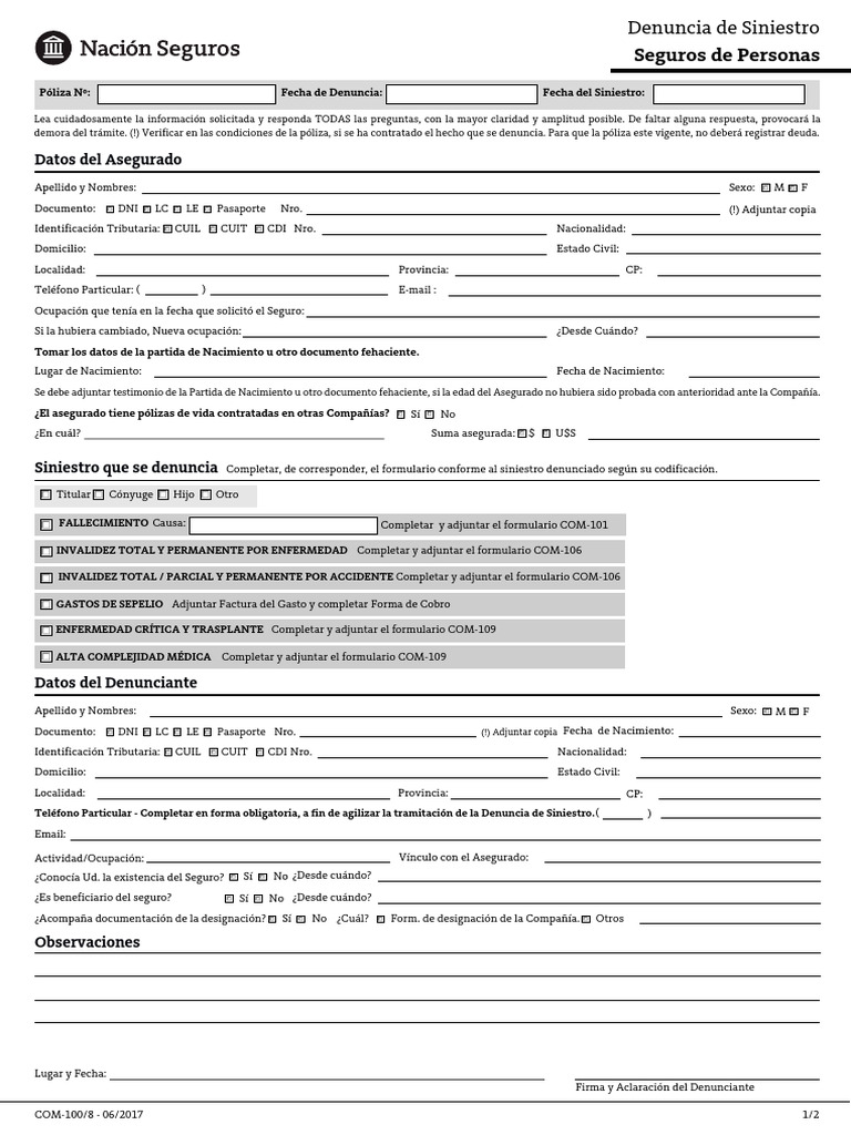Formulario de Denuncia de Siniestro Seguro | PDF | Póliza de seguros