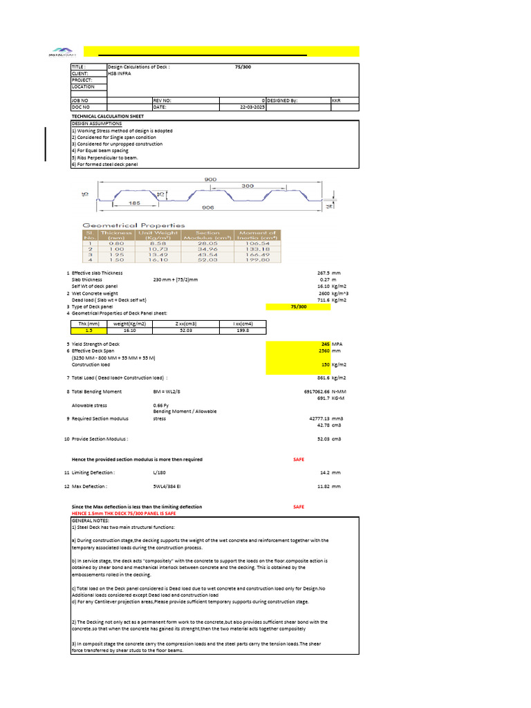 HSB Design Calculations for Deck 75/300 | PDF | Bending | Beam (Structure)
