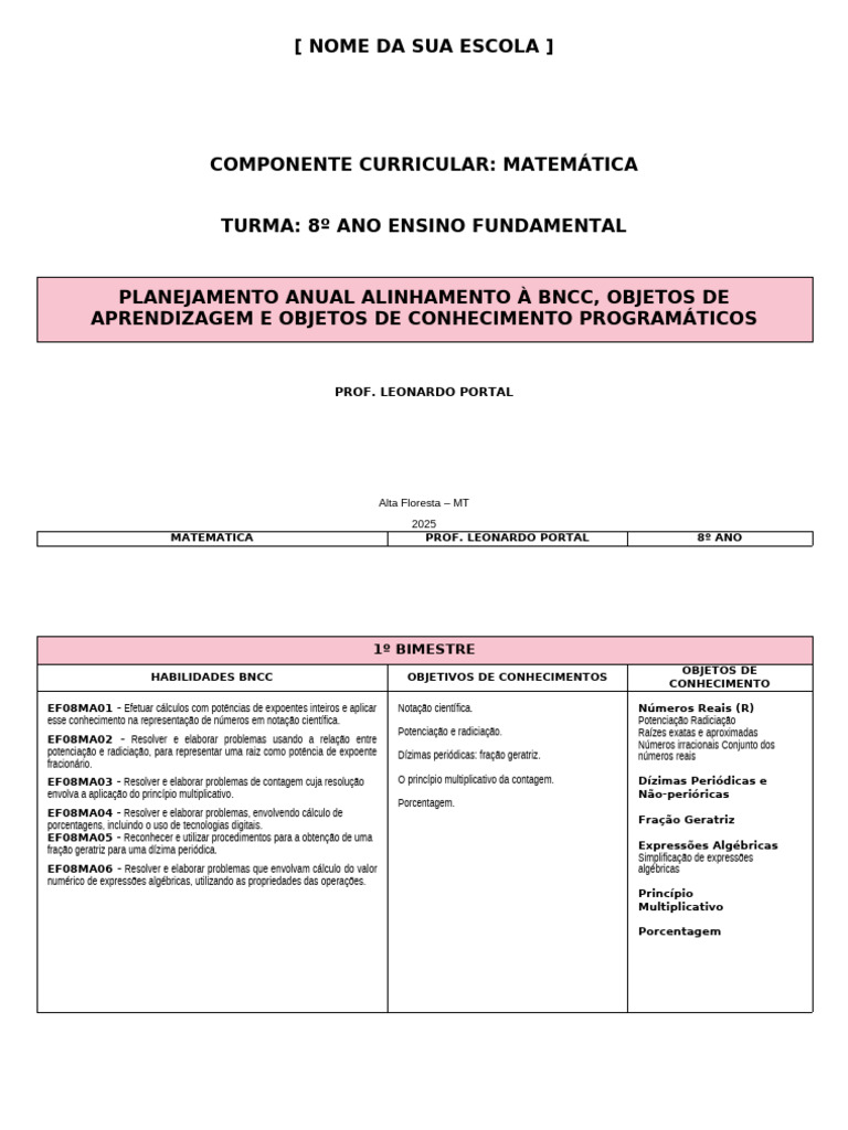 Planejamento Anual de Matemática 8º Ano | PDF | Triângulo | Equações
