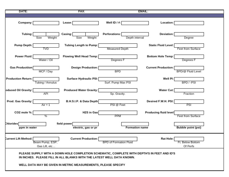 Comprehensive Well Data Submission Form | PDF | Pump | Barrel (Unit)