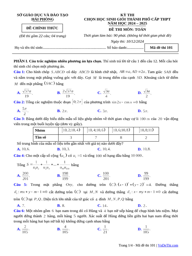 De Thi Chon Hoc Sinh Gioi Toan THPT Nam 2024 2025 So GDDT Hai Phong | PDF