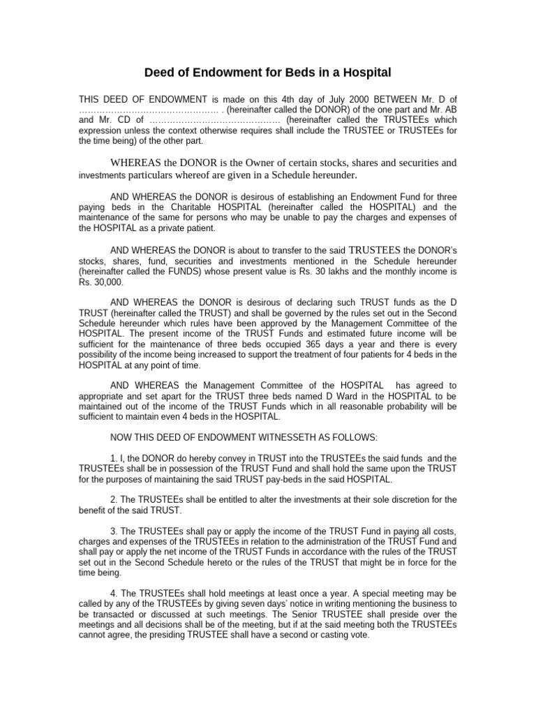 Endowment Deed for Hospital Beds | PDF | Hospital | Trustee