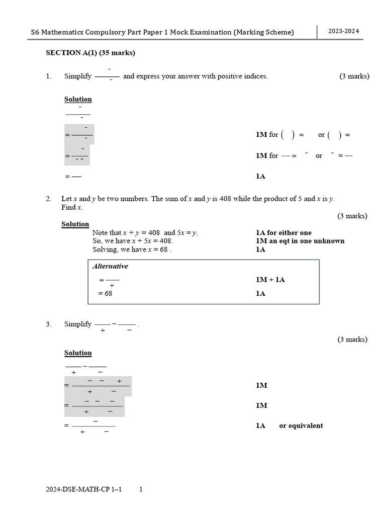 S6 Mathematics Mock Exam Marking Scheme | PDF | Mathematics