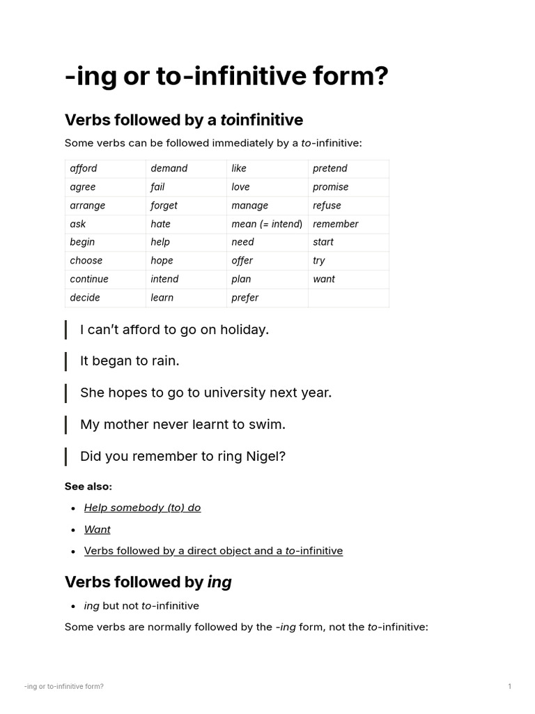 Infinitive vs. -ing Form Guide | PDF | Subject (Grammar) | Syntax