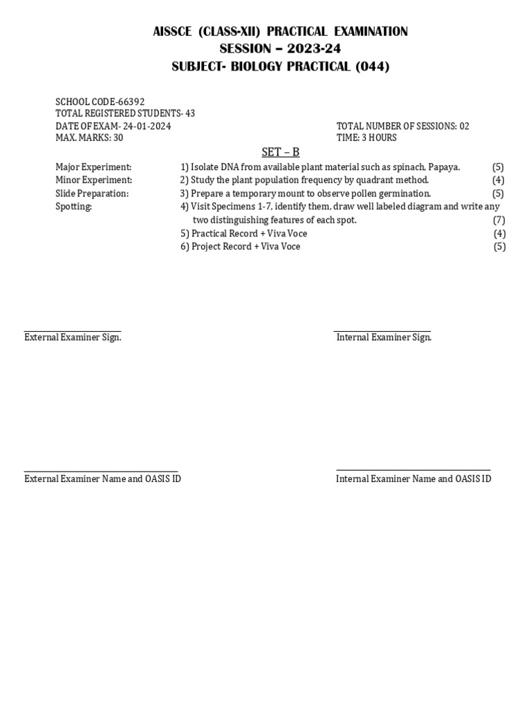 AISSCE Class XII Biology Practical Exam | PDF