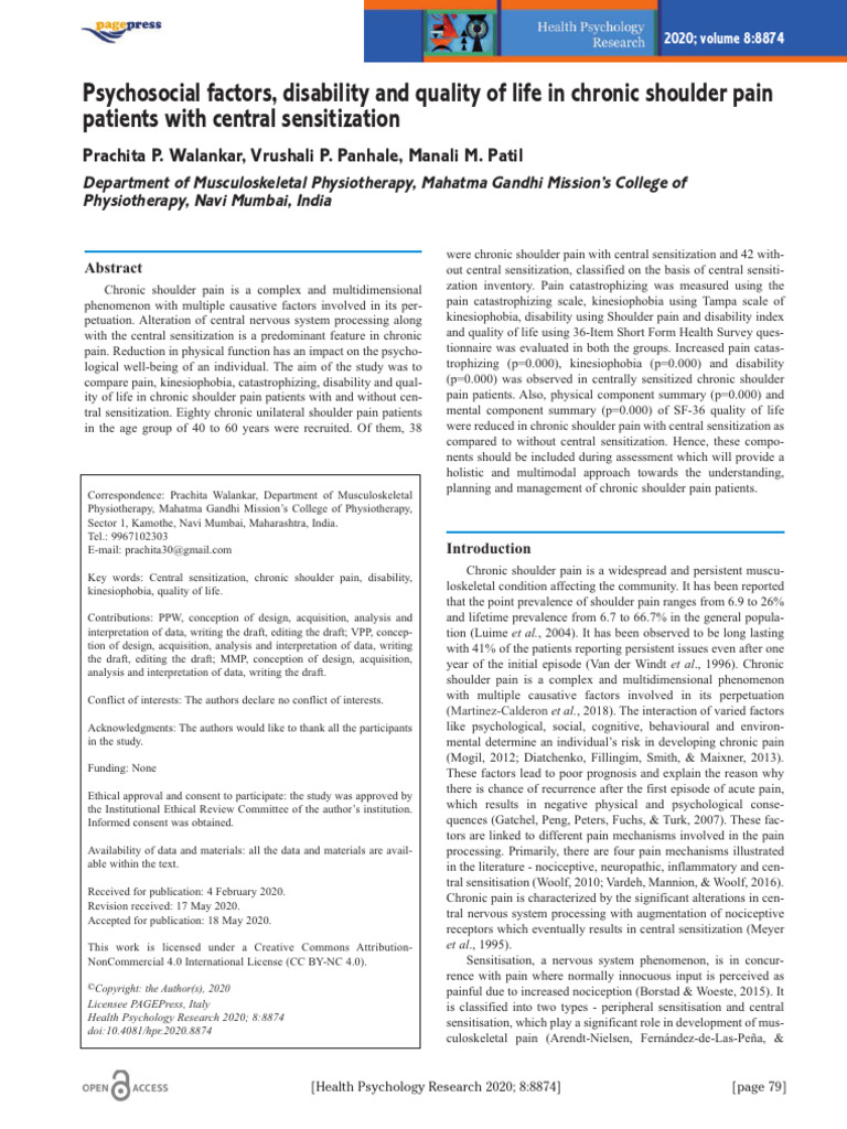 Chronic Shoulder Pain and Central Sensitization | PDF | Pain | Psychology