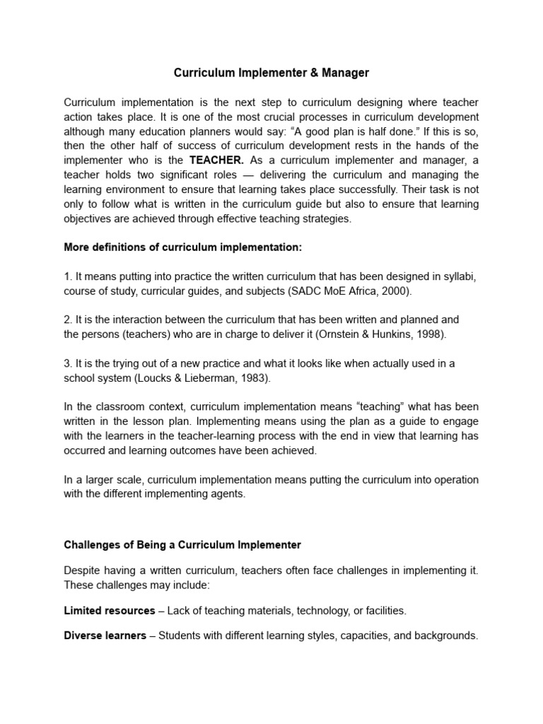 Role of Teachers in Curriculum Implementation | PDF | Curriculum | Teachers