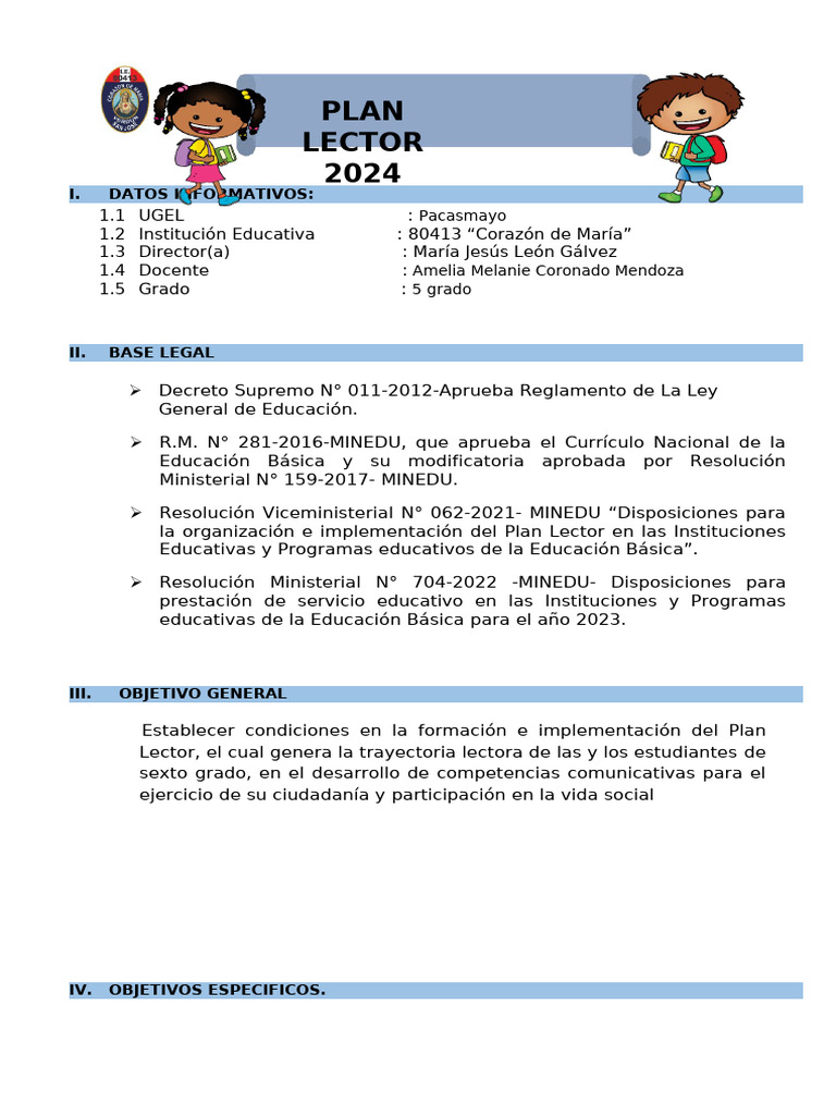 Plan Lector 2024 para Niños de 6° Grado | PDF | Salón de clases ...