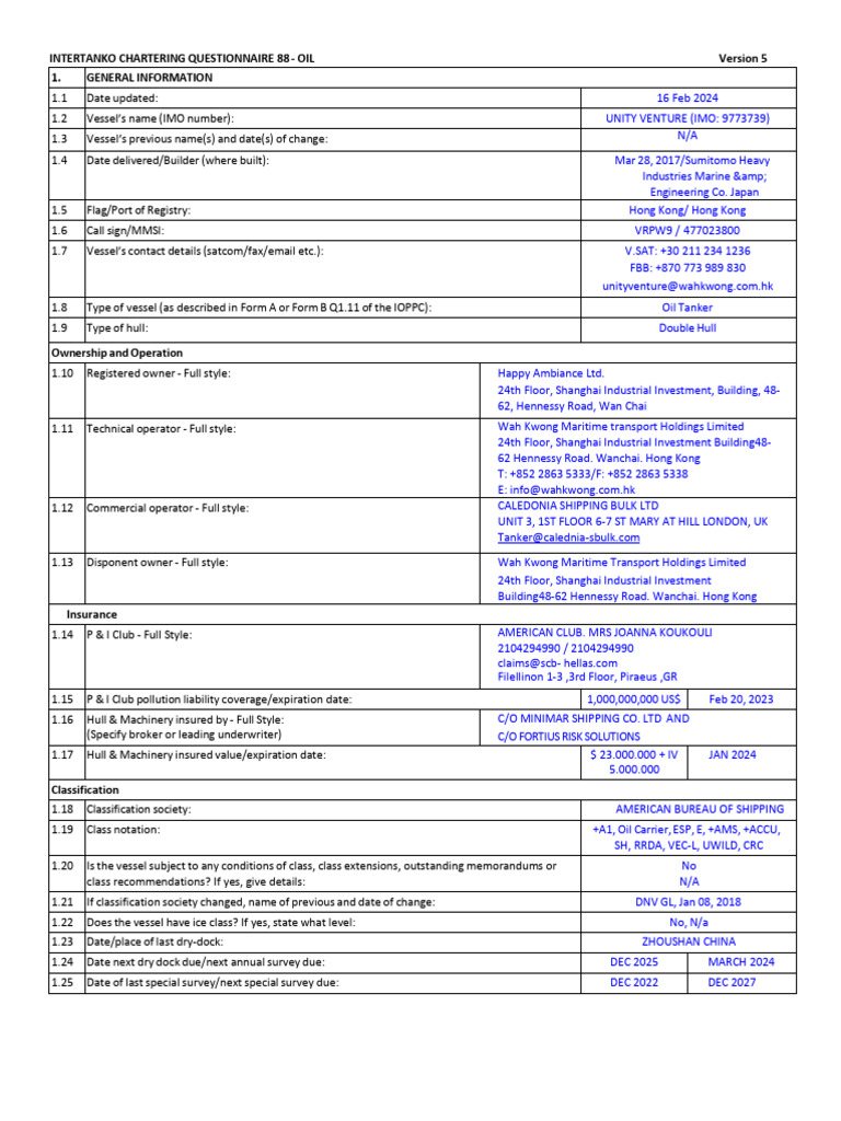 Q88 Questionnaire for Unity Venture | PDF | Tonnage | Water Transport