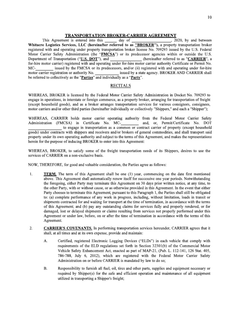 WhitacreLogistics Carrier Broker Carrier Agreement | PDF
