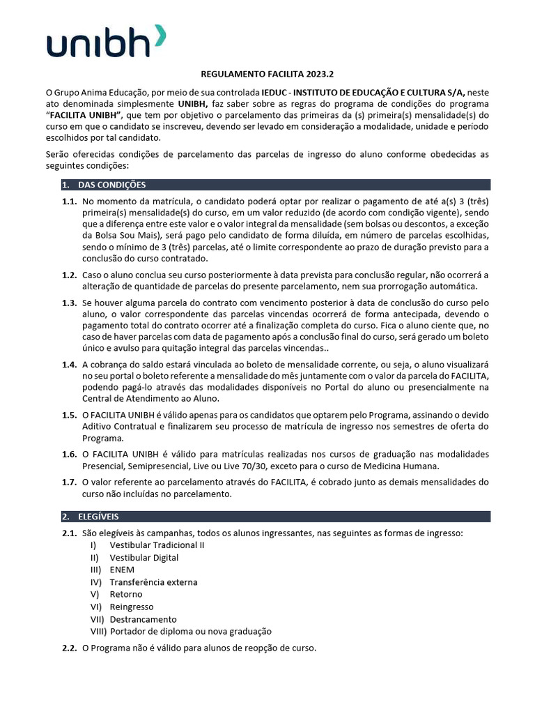 Regulamento do Programa Facilita UNIBH | PDF