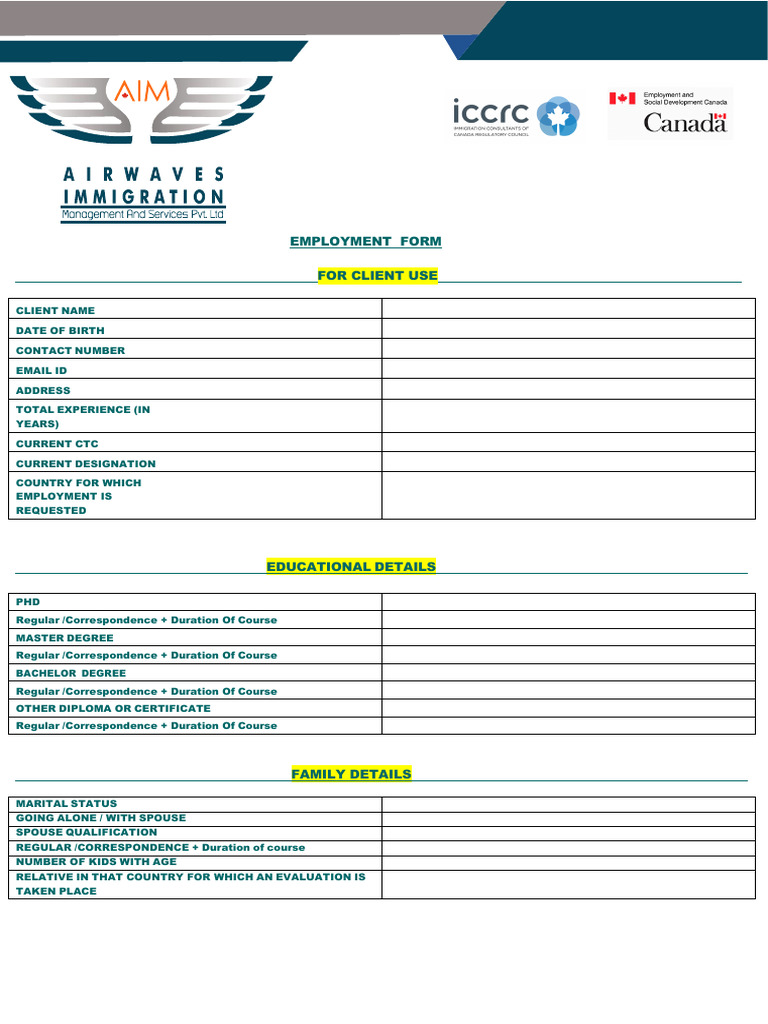 Employment Form for Immigration Services | PDF