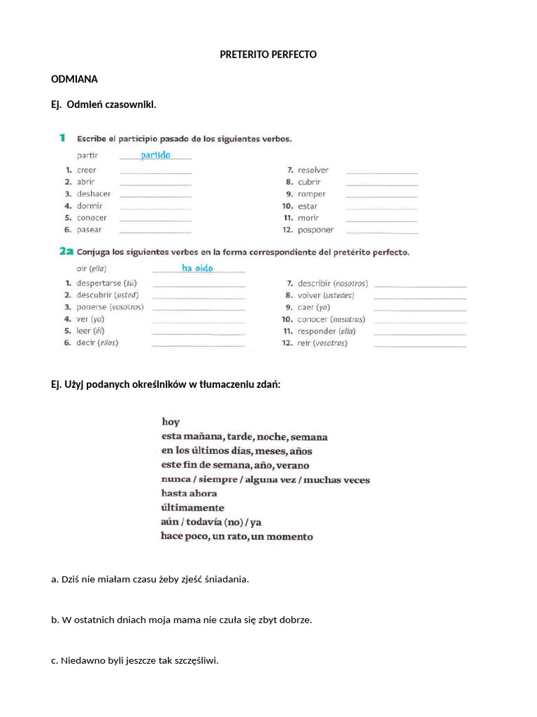 Preterito Perfecto - Ćwiczenia Dodatkowe | PDF
