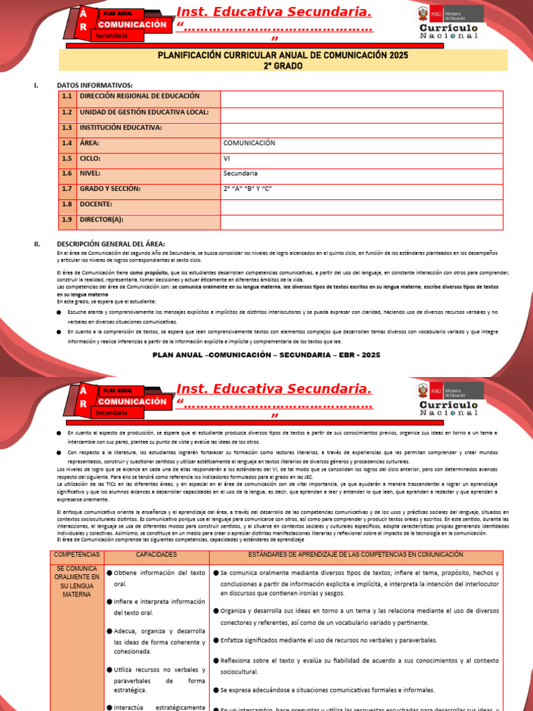 Plan Anual Comunicación Secundaria 2025 | PDF | Comunicación | Aprendizaje