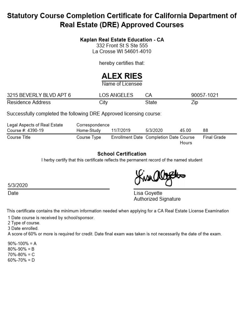 California Real Estate Course Completion Certificate | PDF