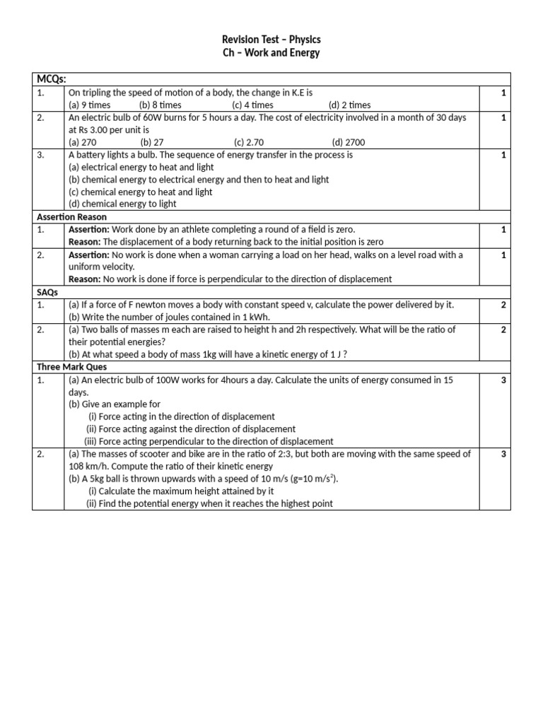 Revision Test - Work and Energy | PDF | Force | Physical Sciences
