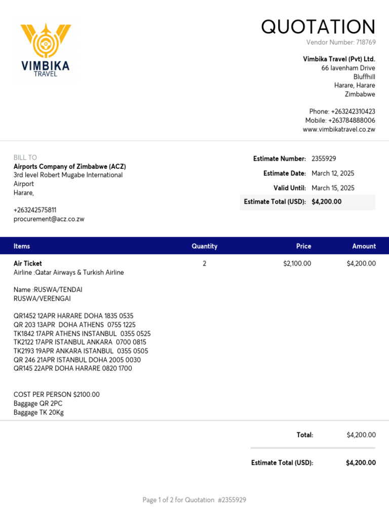 Vimbika Travel Quotation Estimate | PDF | Civil Aviation | Aviation