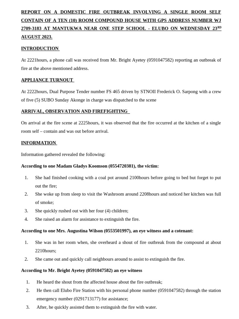 Domestic Fire Incident Report | PDF | Fires