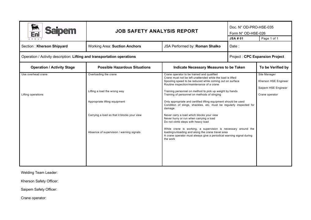 JSA for Crane Lifting Operations | PDF | Technology & Engineering