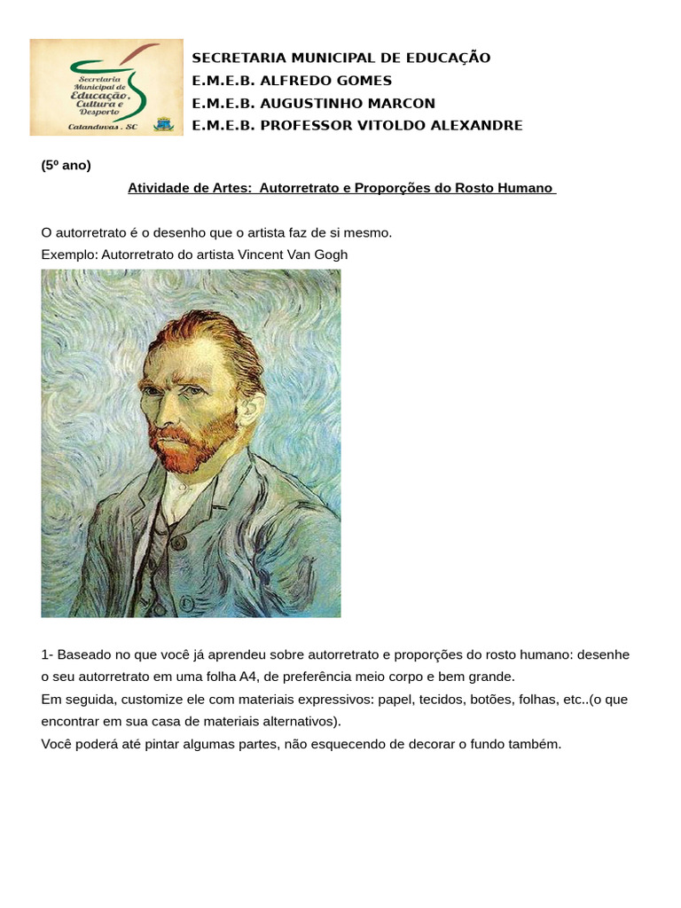 Atividade de Autorretrato para 5º Ano | PDF