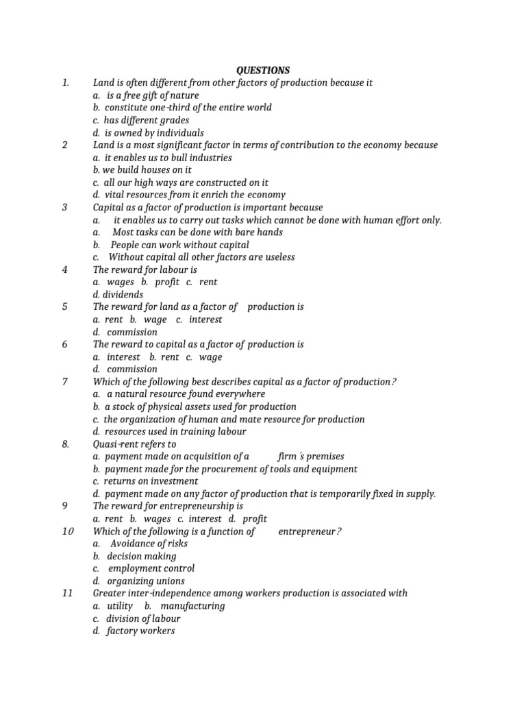Factors of Production Quiz for Class 8 | PDF | Labour Economics ...