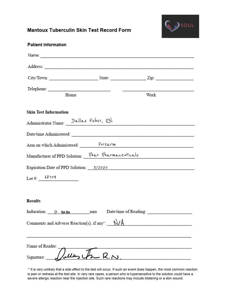 PPD Skin Test Record Form Template | PDF