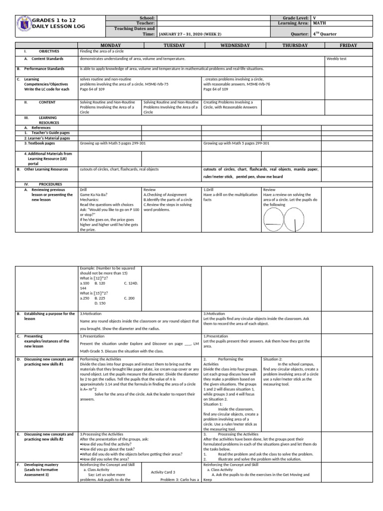 Grade 5 DLL MATH 5 Q4 Week 2 - 010625 | PDF | Area | Circle