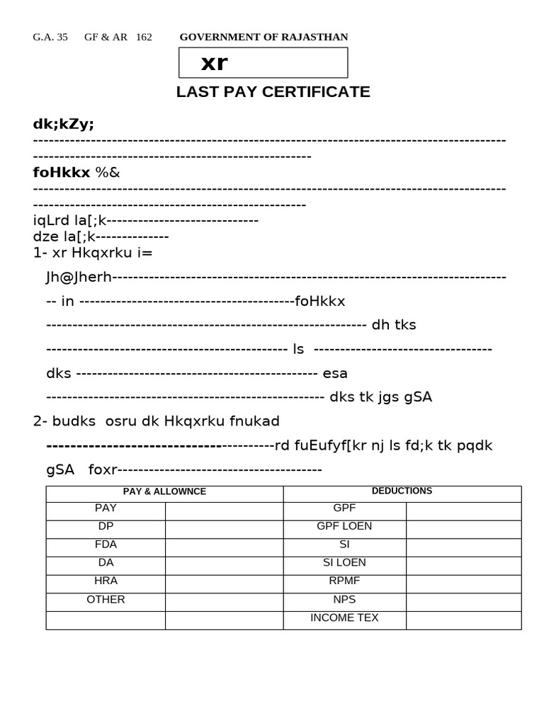 Last Pay Certificate Format Rajasthan | PDF
