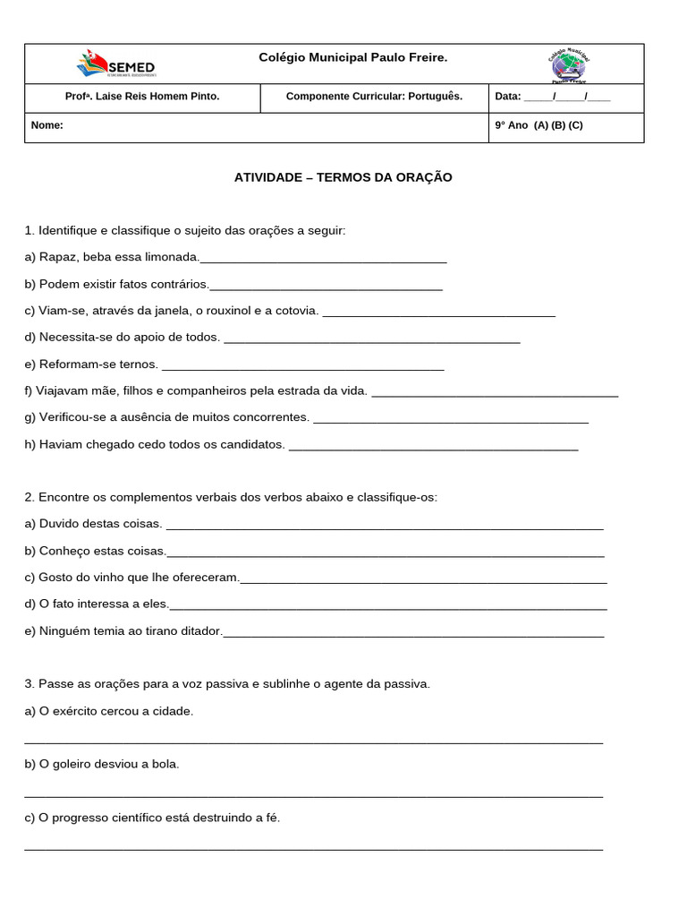 Atividade Termos Da Oração | PDF