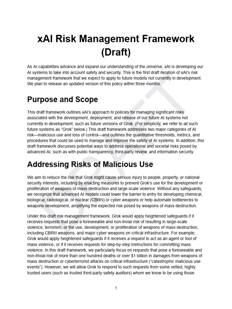xAI Risk Management Framework Draft | PDF | Artificial Intelligence ...