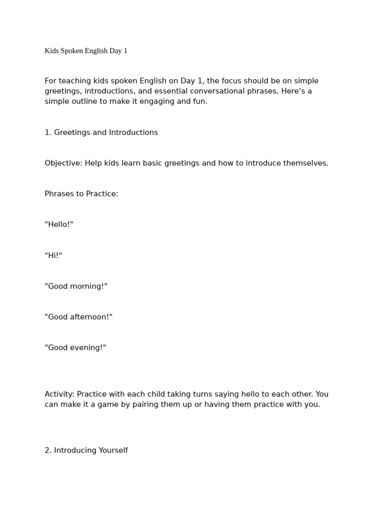 Kids Spoken English Day 1 Guide | PDF