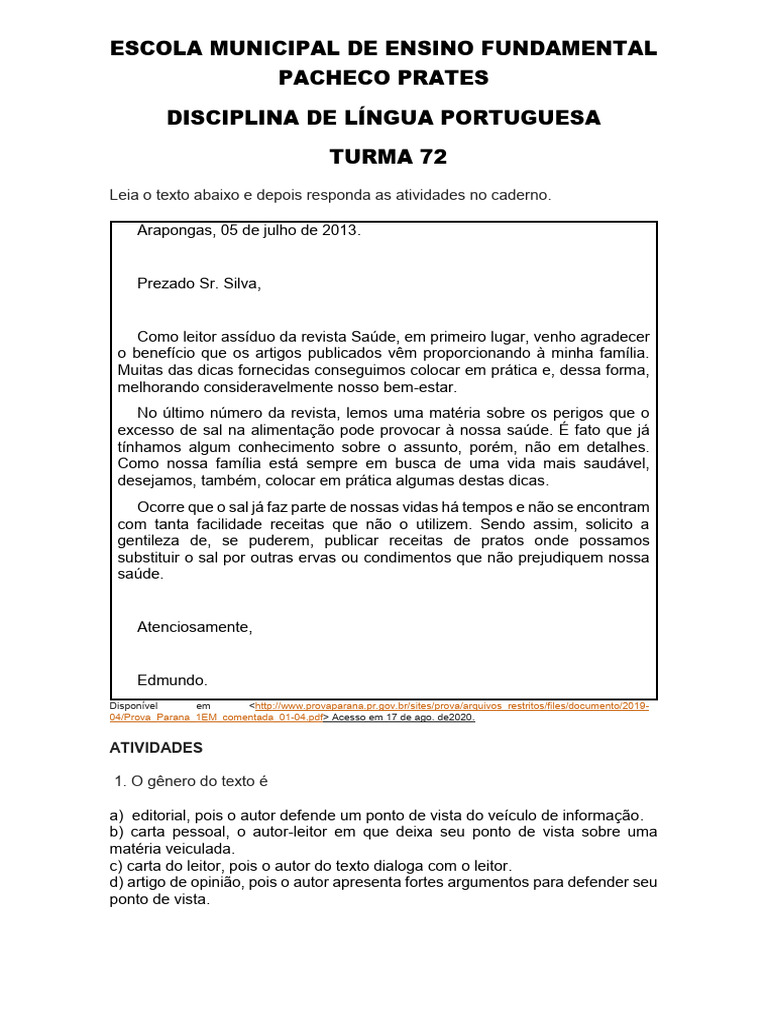 Atividades sobre Carta do Leitor 7º Ano | PDF