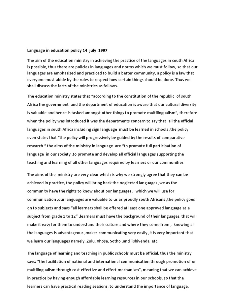 Language in Education Policy 14 July 1997 Multilingualism South Africa