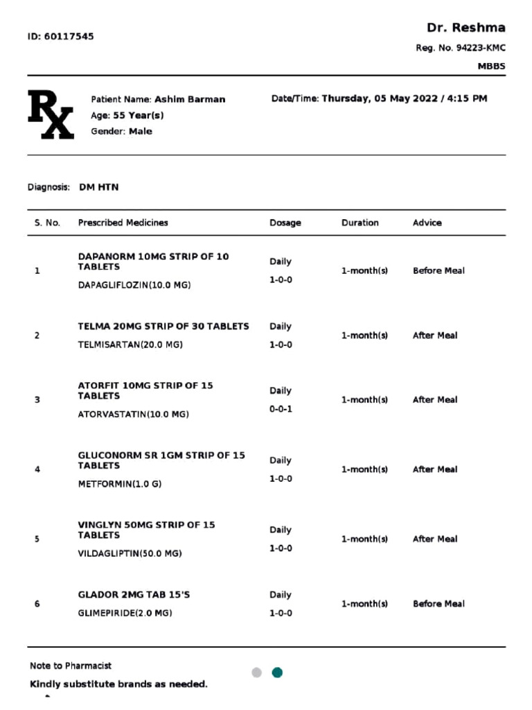 Patient Prescription for Diabetes and Hypertension | PDF