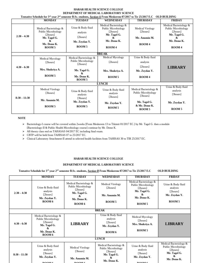 Harar Health Science College Class Schedule | PDF | Biology | Health Care