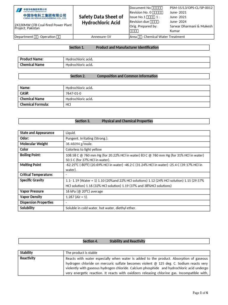 Hydrochloric Acid Safety Data Sheet | PDF | Hydrochloric Acid | Acid