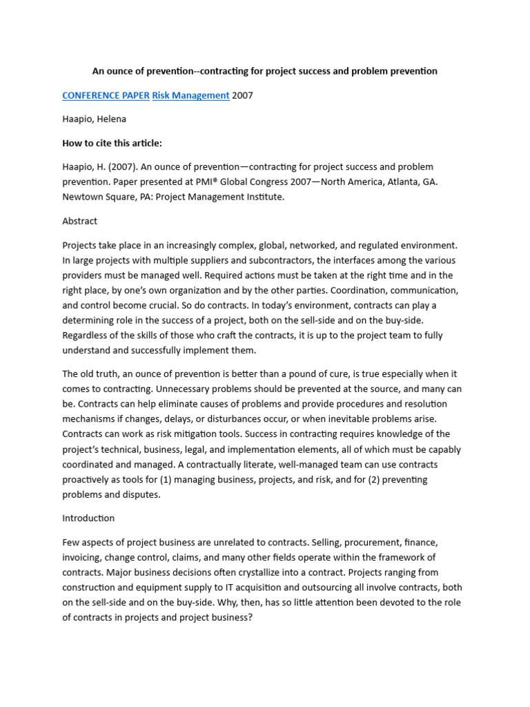 An Ounce of Prevention - Contracting For Project Success and Problem ...