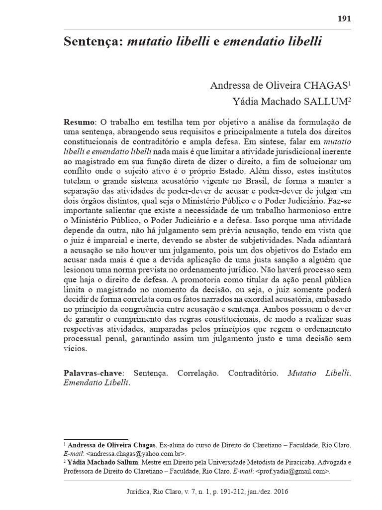 Mutatio e Emendatio Libelli no Processo Penal | PDF | Sentença ...