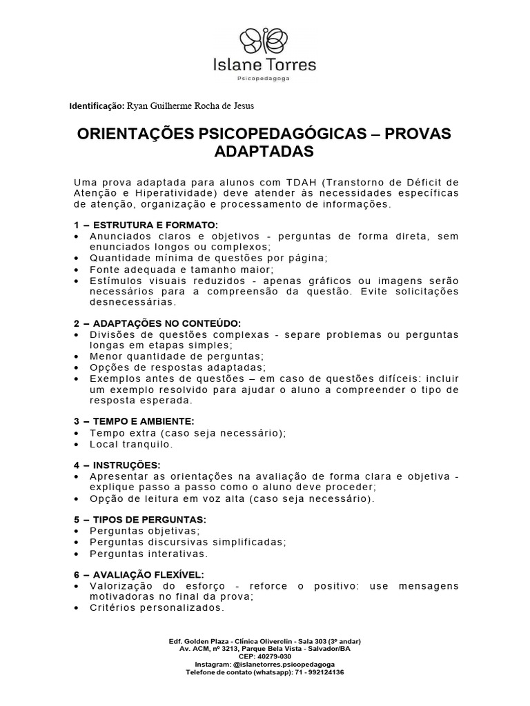 Provas Adaptadas para Alunos com TDAH | PDF