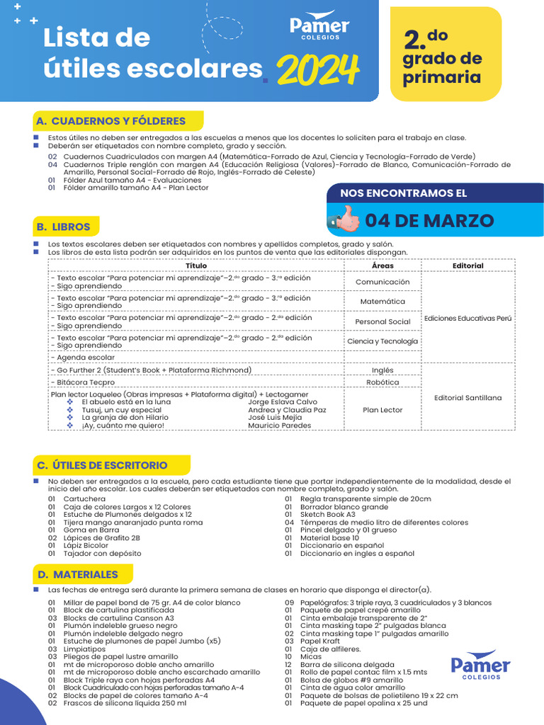 Útiles Escolares 2do Grado 2024 | PDF | Papelería | Materiales de impresión