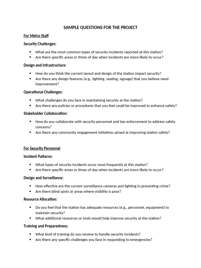 Sample Questions For The Project: For Metro Staff Security Challenges ...