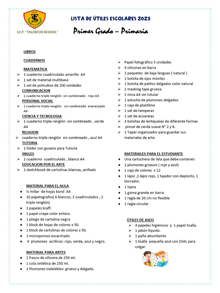 Lista de Útiles Escolares 2025 - 1er Grado | PDF | Materiales de ...