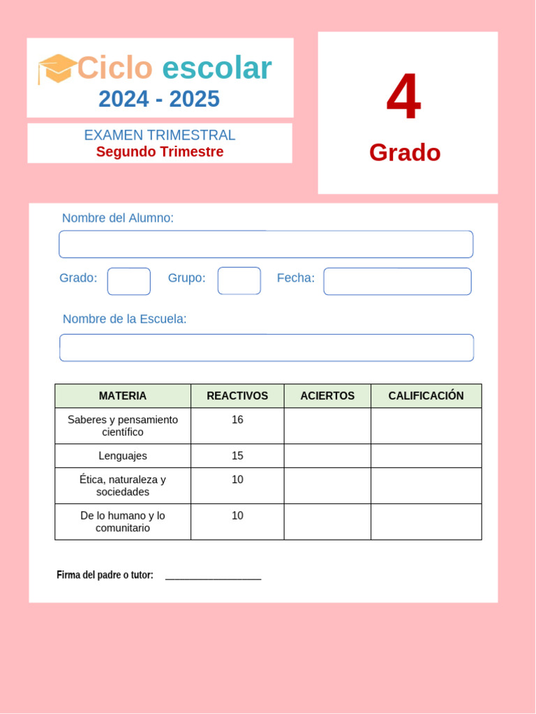 Examen Trimestral 4to Grado 2024-2025 | PDF